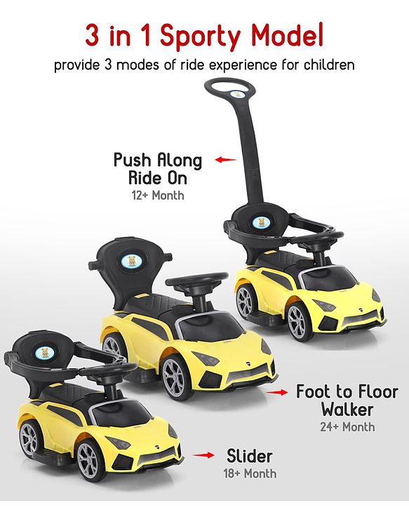 Babyhug 3 in 1 Manual Push Ride on Car with Parent Push Handle - Yellow