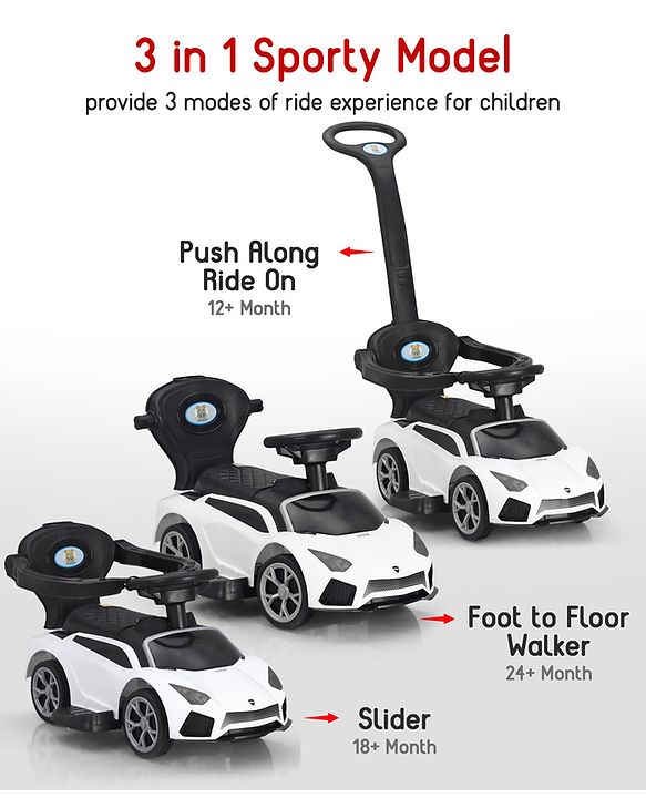 Babyhug 3 in 1 Manual Push Ride on Car with Parent Push Handle - White