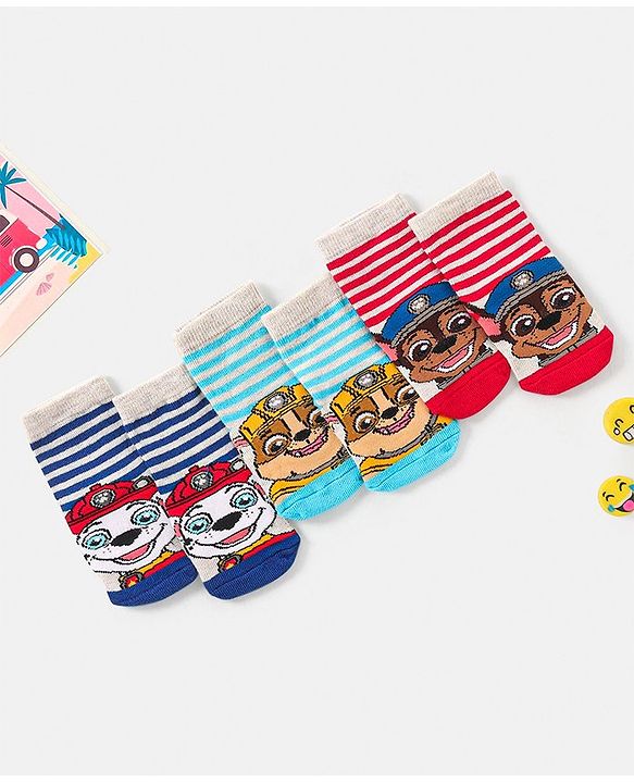 Cute Walk By Babyhug Paw Petrol Design Anti-Bacterial Ankle Length Socks Pack Of 3 - Blue & Red
