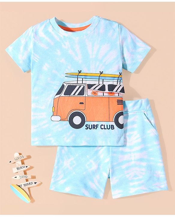 Babyhug Cotton Half Sleeves T-Shirt & Shorts Set Bus & Text Print- Blue