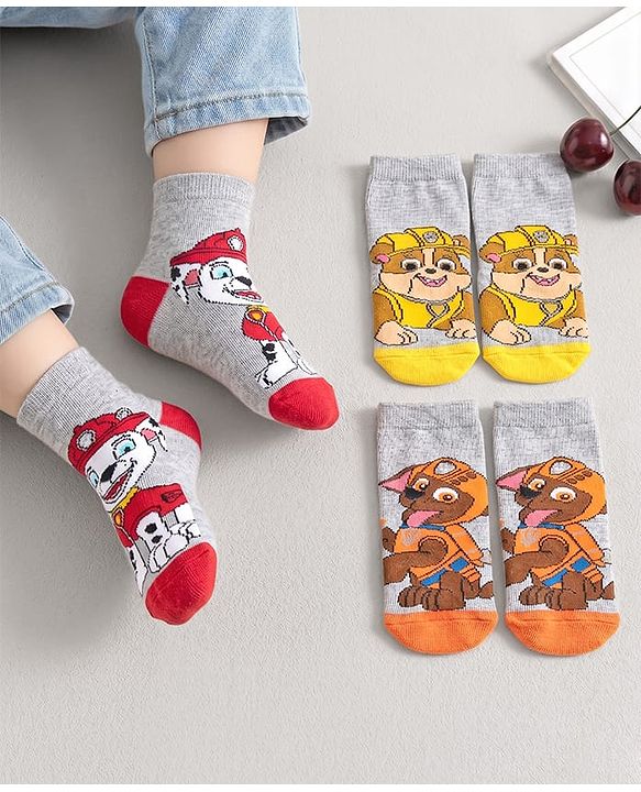 Cutewalk By Babyhug Anti Bacterial Ankle Length Non Terry Socks Paw Patrol Design Pack of 3- Grey & Red