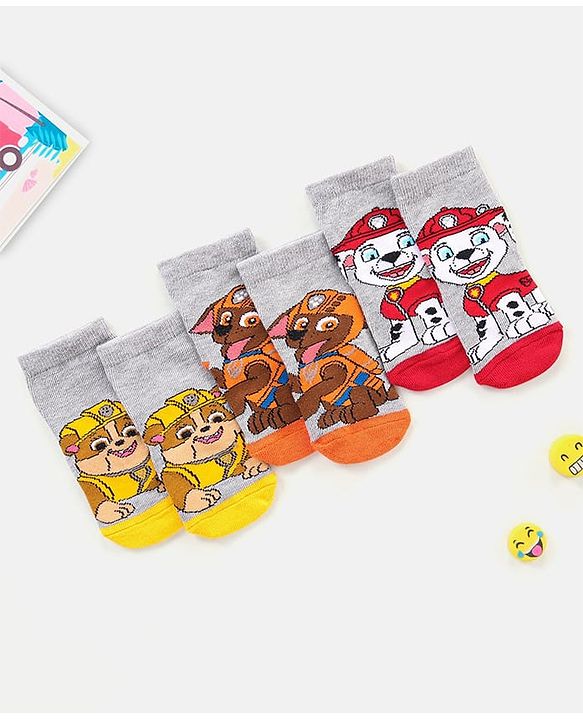 Cutewalk By Babyhug Anti Bacterial Ankle Length Non Terry Socks Paw Patrol Design Pack of 3- Grey & Red