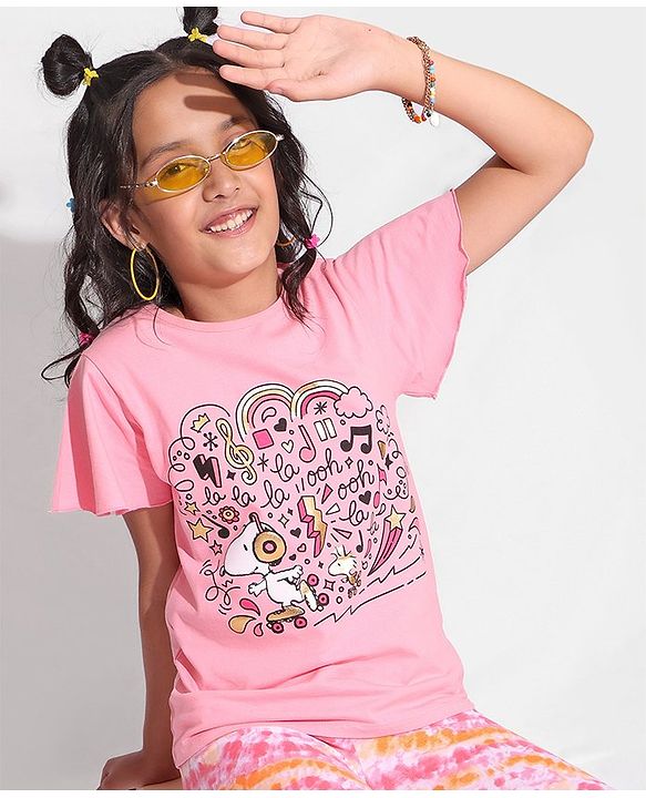 Pine Kids 100% Cotton Flutter Sleeves Top Glitter Print- Pink