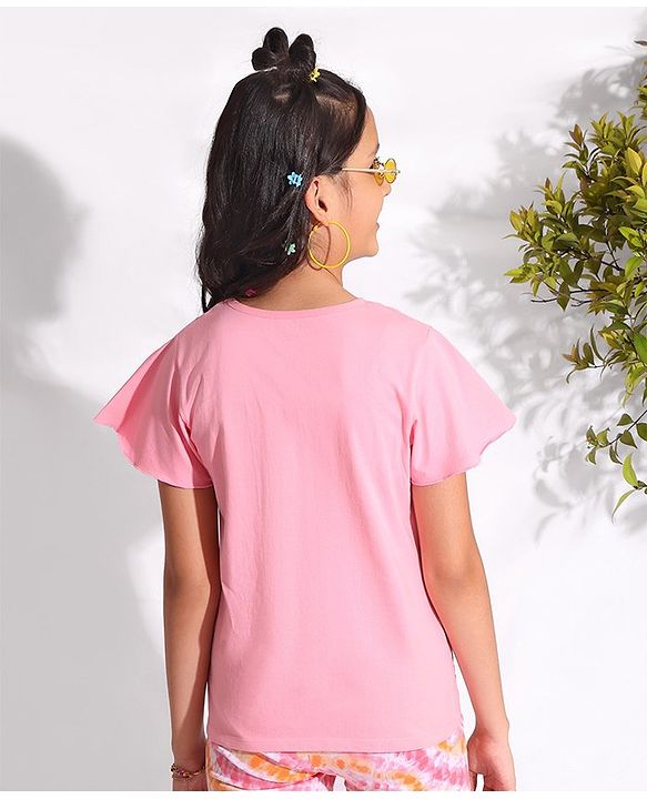 Pine Kids 100% Cotton Flutter Sleeves Top Glitter Print- Pink