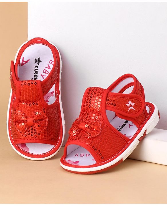 Cute Walk by Babyhug Sandals With Velcro Closure Sequins Detailing & Bow Applique - Red