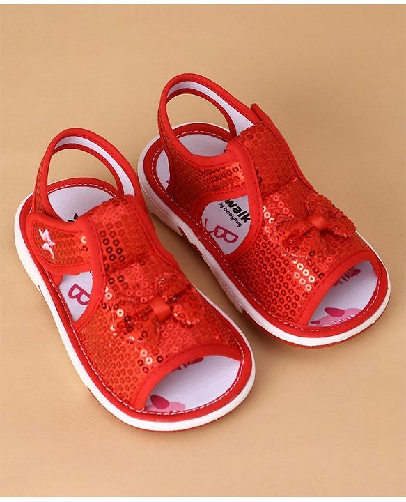Cute Walk by Babyhug Sandals With Velcro Closure Sequins Detailing & Bow Applique - Red