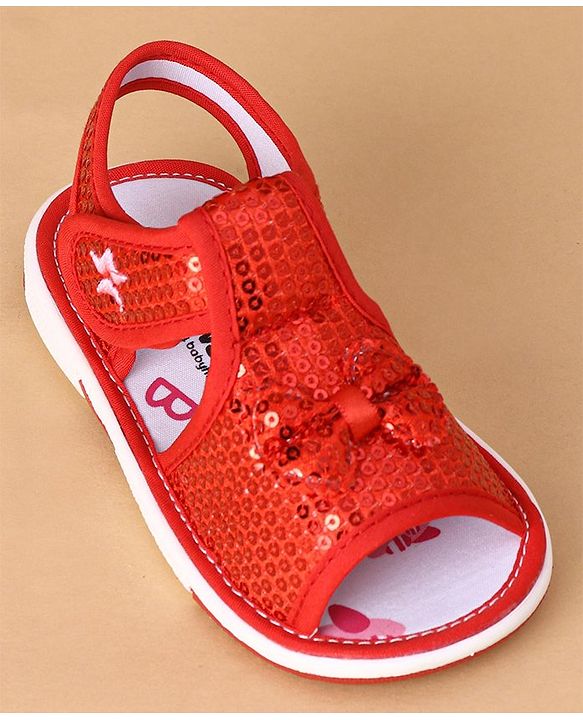 Cute Walk by Babyhug Sandals With Velcro Closure Sequins Detailing & Bow Applique - Red