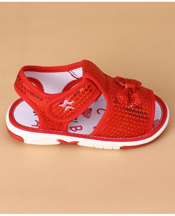 Cute Walk by Babyhug Sandals With Velcro Closure Sequins Detailing & Bow Applique - Red