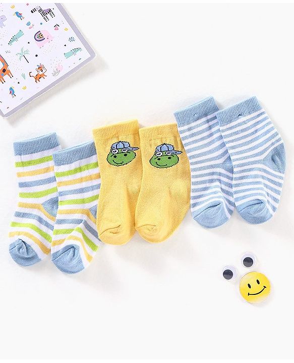 Cute Walk by Babyhug Anti Bacterial Ankle Length Non Terry Striped Socks Pack of 3 - Blue Yellow