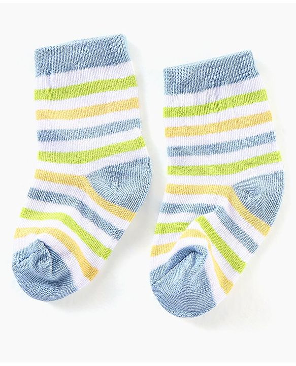 Cute Walk by Babyhug Anti Bacterial Ankle Length Non Terry Striped Socks Pack of 3 - Blue Yellow