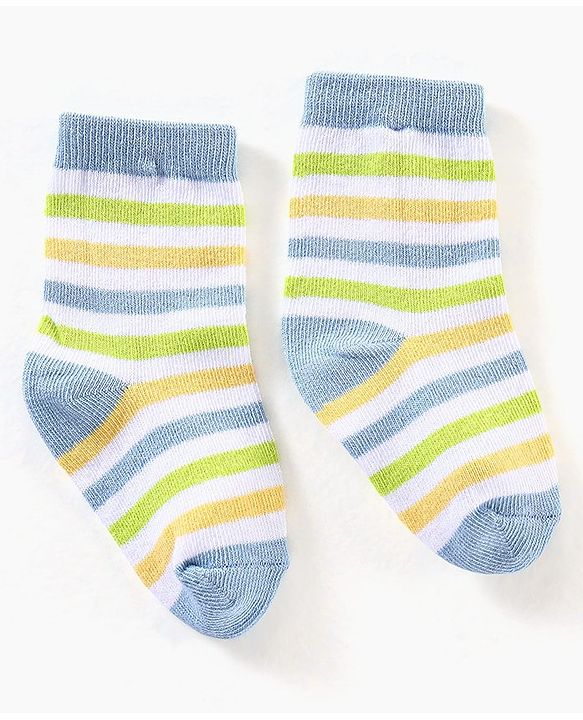 Cute Walk by Babyhug Anti Bacterial Ankle Length Non Terry Striped Socks Pack of 3 - Blue Yellow
