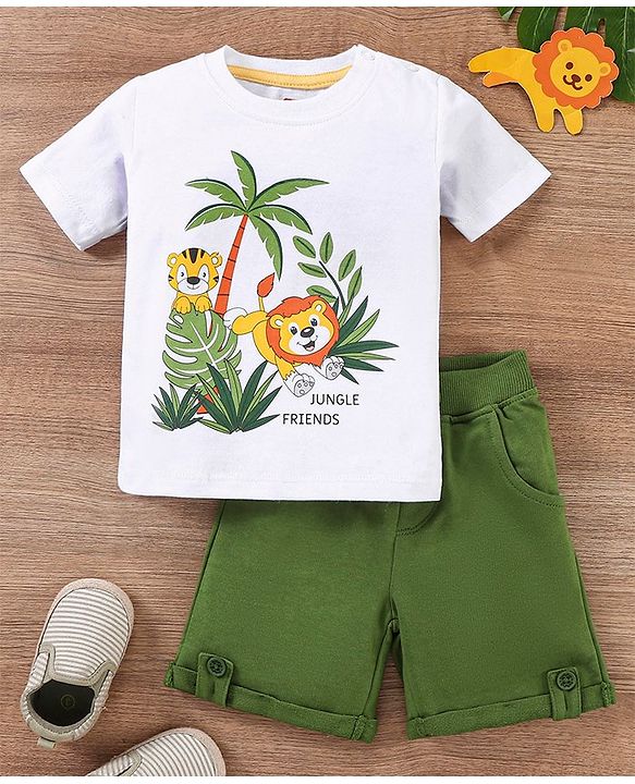 Babyhug 100% Cotton Half Sleeves T-Shirt and Knee Length Shorts Lion Print - White and Olive