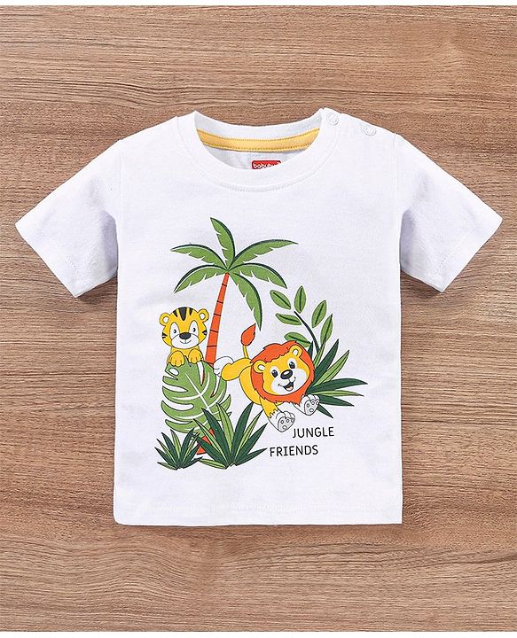 Babyhug 100% Cotton Half Sleeves T-Shirt and Knee Length Shorts Lion Print - White and Olive