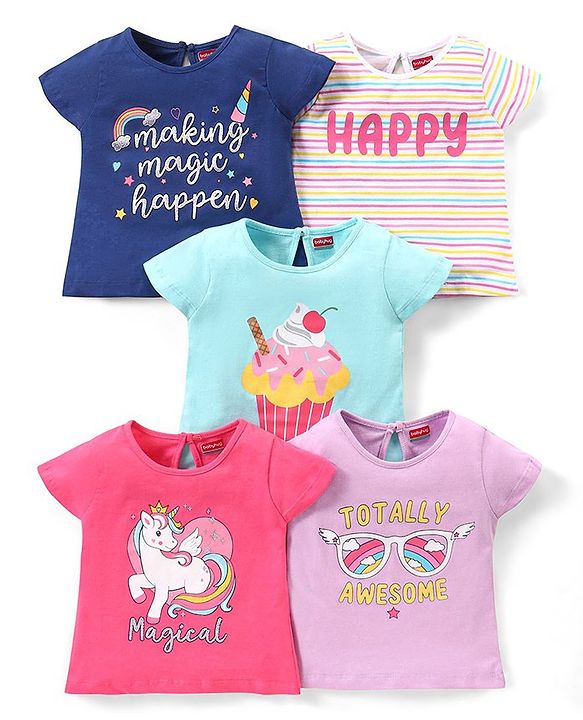 Babyhug 100% Cotton Half Sleeves Tee With Unicorn & Text Graphics Pack of 5- Pink & Blue