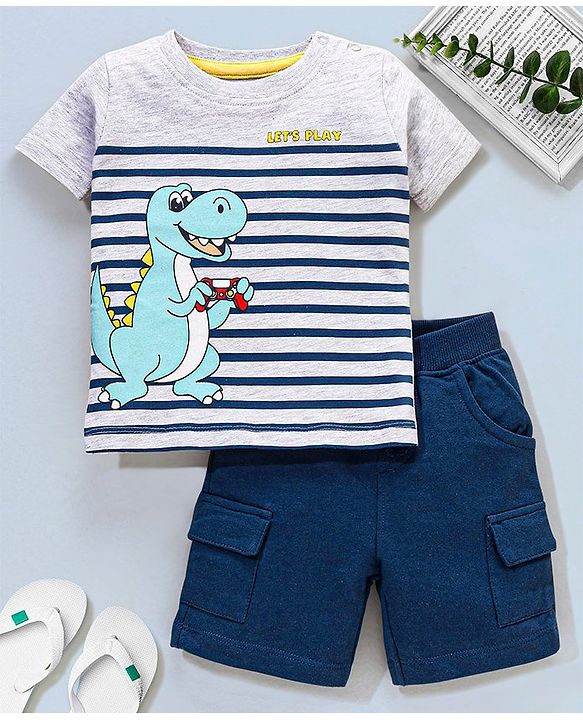 Babyhug Half Sleeves Cotton T-Shirt & Shorts Set Stripes & Dino Print - White & Blue