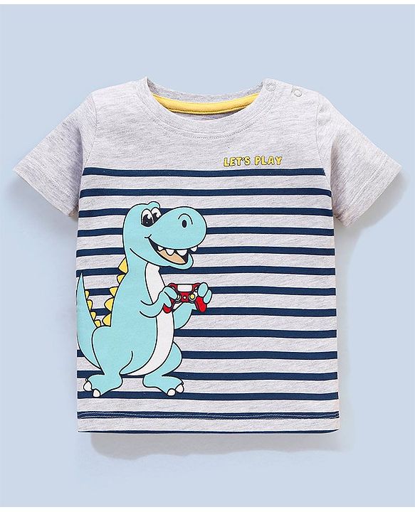 Babyhug Half Sleeves Cotton T-Shirt & Shorts Set Stripes & Dino Print - White & Blue