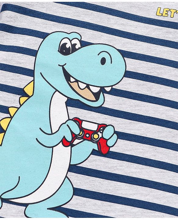 Babyhug Half Sleeves Cotton T-Shirt & Shorts Set Stripes & Dino Print - White & Blue