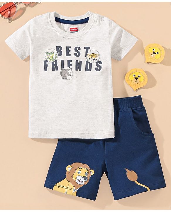 Babyhug Half Sleeve Printed T-Shirt and Shorts  Lion & Text Print - White Blue