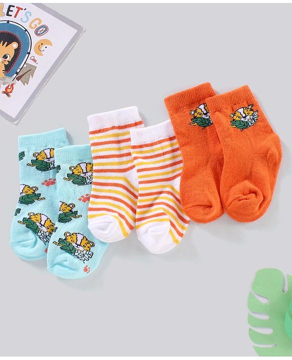 Cute Walk by Babyhug Anti Bacterial Ankle Length Non Terry Striped Socks Pack of 3  Tiger Design - Blue Orange
