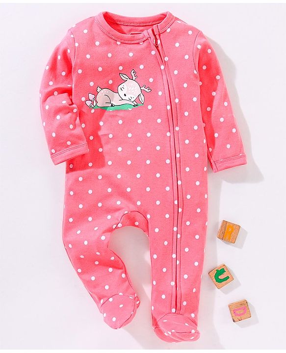Babyhug Cotton Full Sleeves Sleepsuit Deer & Dot Print- Pink