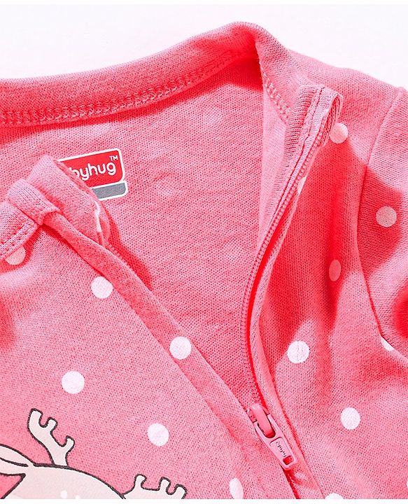 Babyhug Cotton Full Sleeves Sleepsuit Deer & Dot Print- Pink