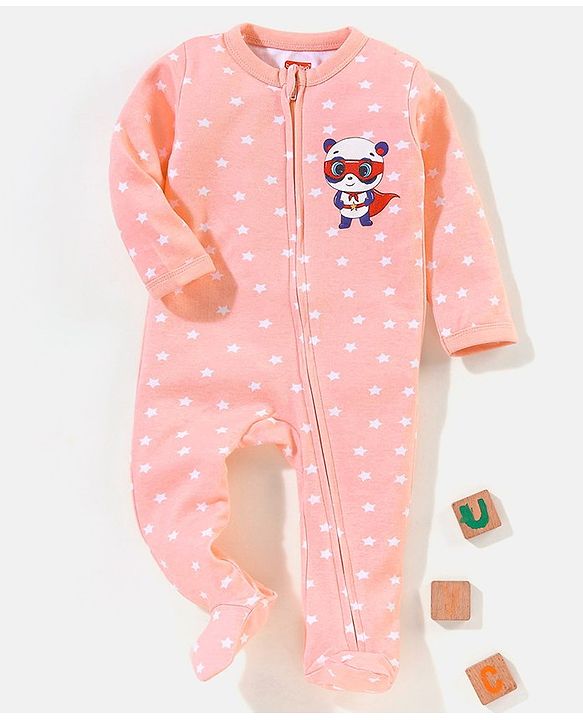Babyhug Cotton Knit Full Sleeves Footed Sleepsuit Stars & Bear Print - Peach