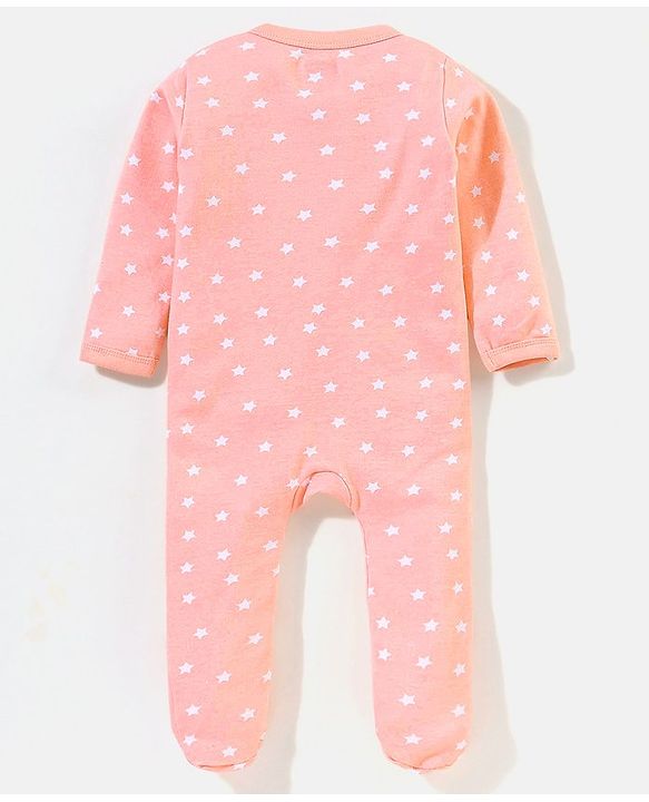 Babyhug Cotton Knit Full Sleeves Footed Sleepsuit Stars & Bear Print - Peach