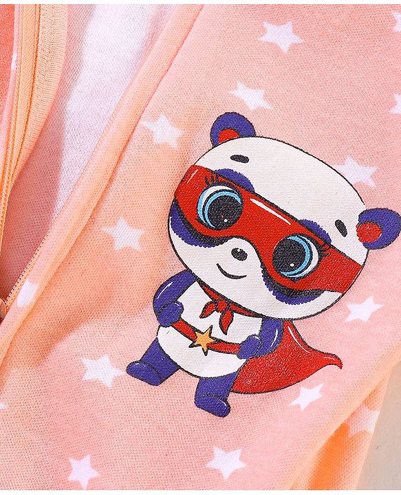 Babyhug Cotton Knit Full Sleeves Footed Sleepsuit Stars & Bear Print - Peach