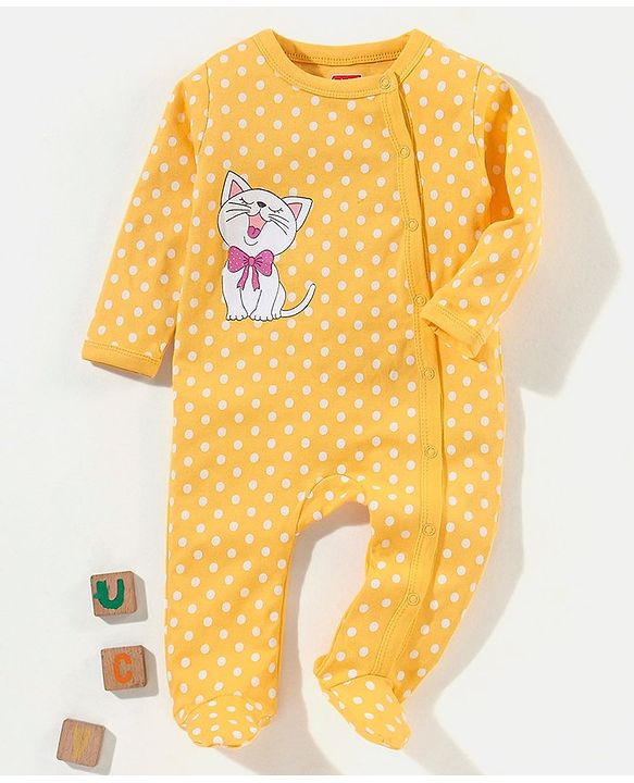 Babyhug Cotton Knit Full Sleeves Footed Sleepsuit Polka Dots & Cat Print - Yellow