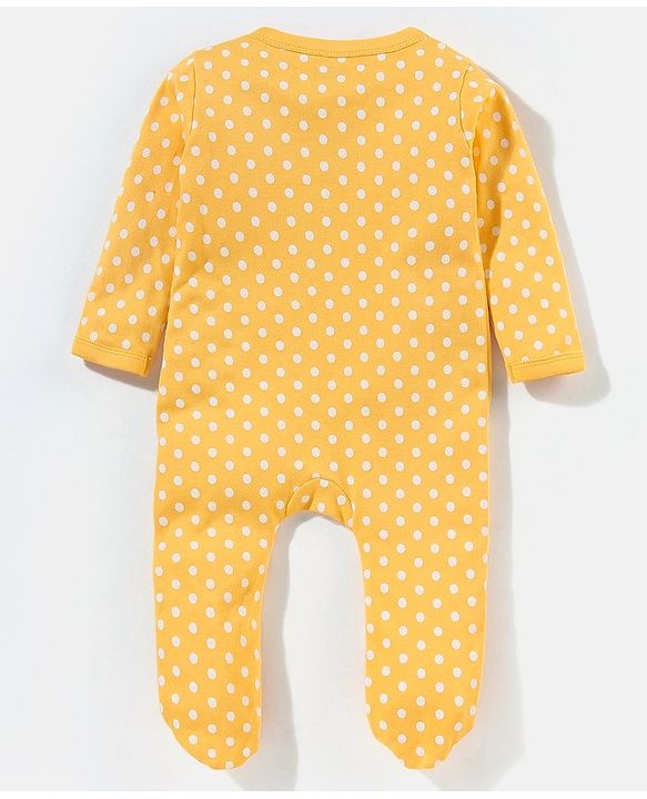 Babyhug Cotton Knit Full Sleeves Footed Sleepsuit Polka Dots & Cat Print - Yellow