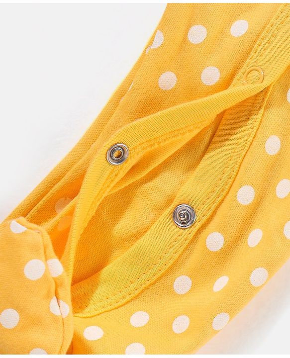 Babyhug Cotton Knit Full Sleeves Footed Sleepsuit Polka Dots & Cat Print - Yellow