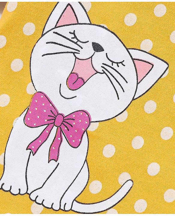 Babyhug Cotton Knit Full Sleeves Footed Sleepsuit Polka Dots & Cat Print - Yellow