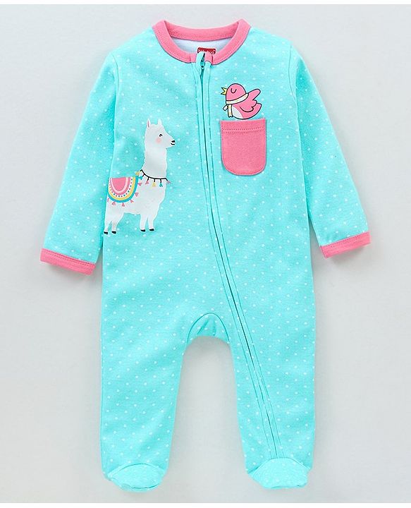 Babyhug Cotton Full Sleeves Sleep Suit Llama & Bird Print- Blue