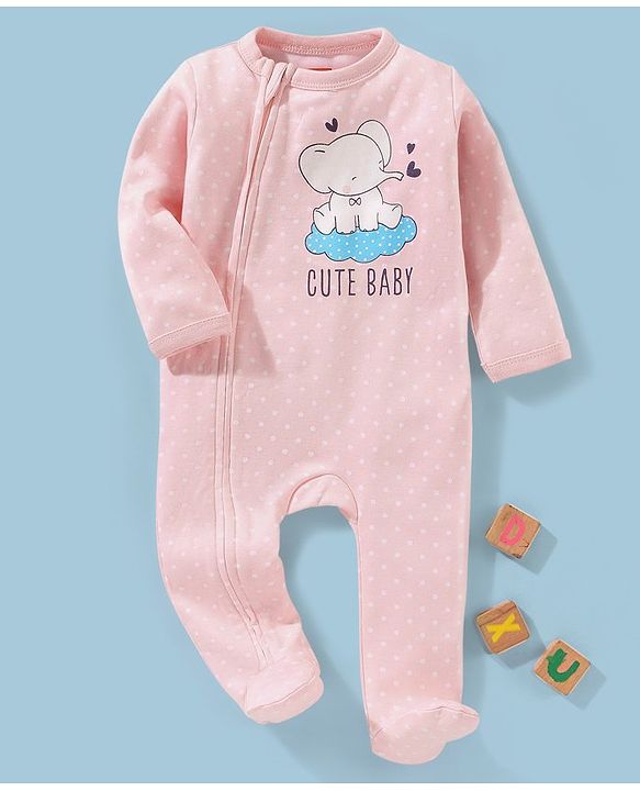 Babyhug Cotton Full Sleeves Sleepsuit Elephant Print - Peach