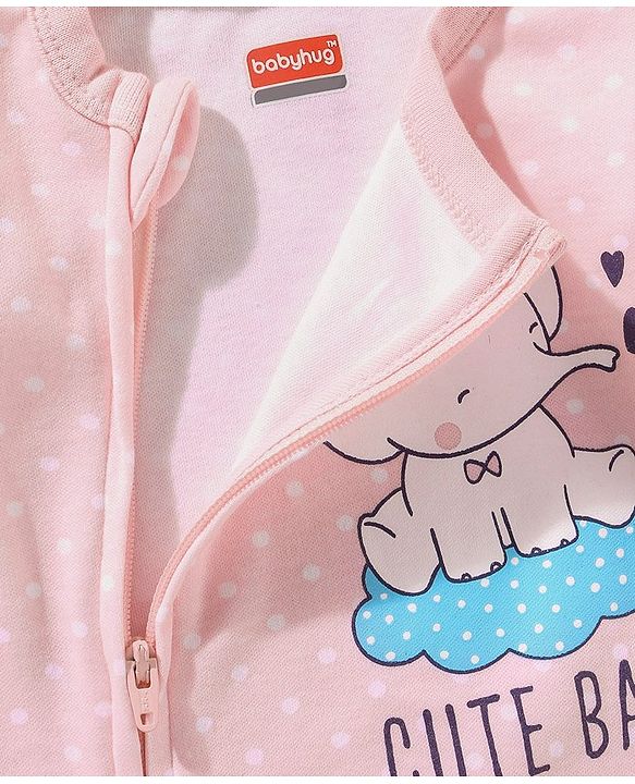 Babyhug Cotton Full Sleeves Sleepsuit Elephant Print - Peach