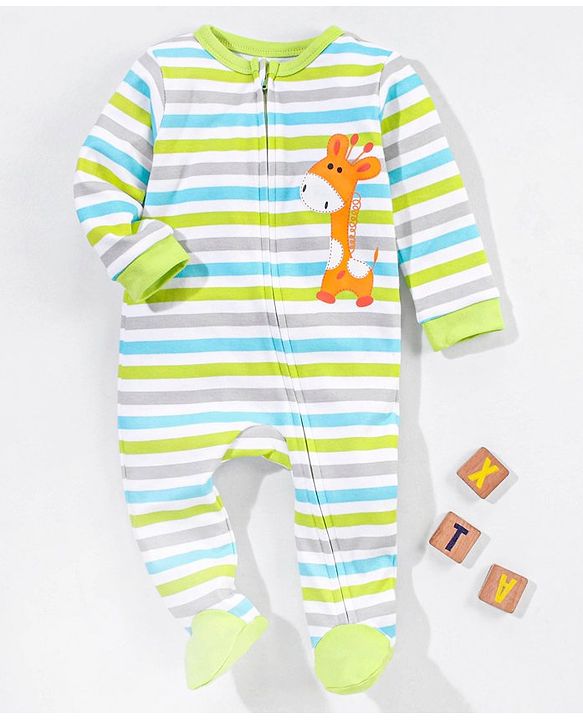 Babyhug Cotton Full Sleeves Striped Sleep Suit Donkey Embroidery- Green & Blue