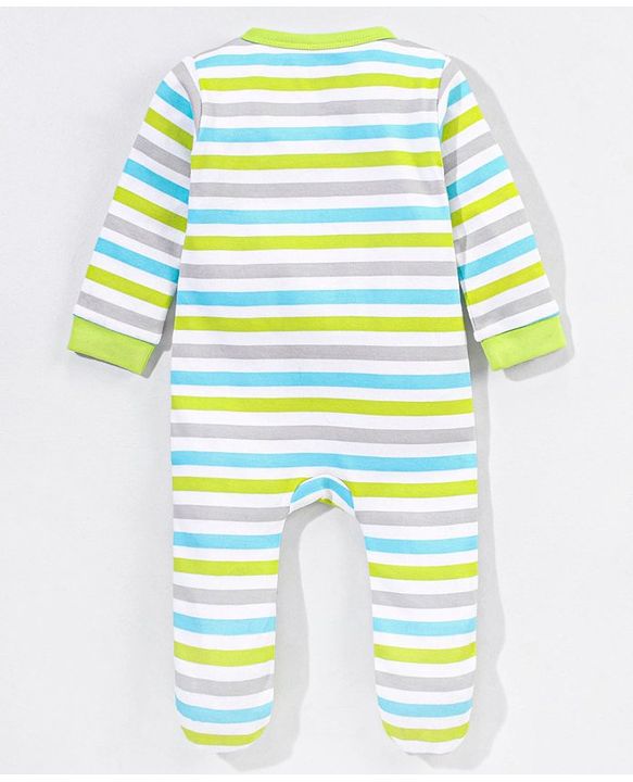 Babyhug Cotton Full Sleeves Striped Sleep Suit Donkey Embroidery- Green & Blue