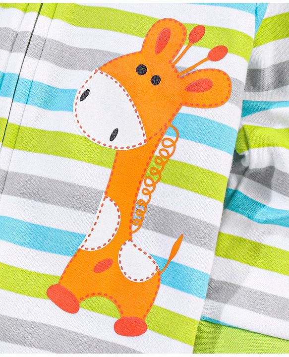 Babyhug Cotton Full Sleeves Striped Sleep Suit Donkey Embroidery- Green & Blue