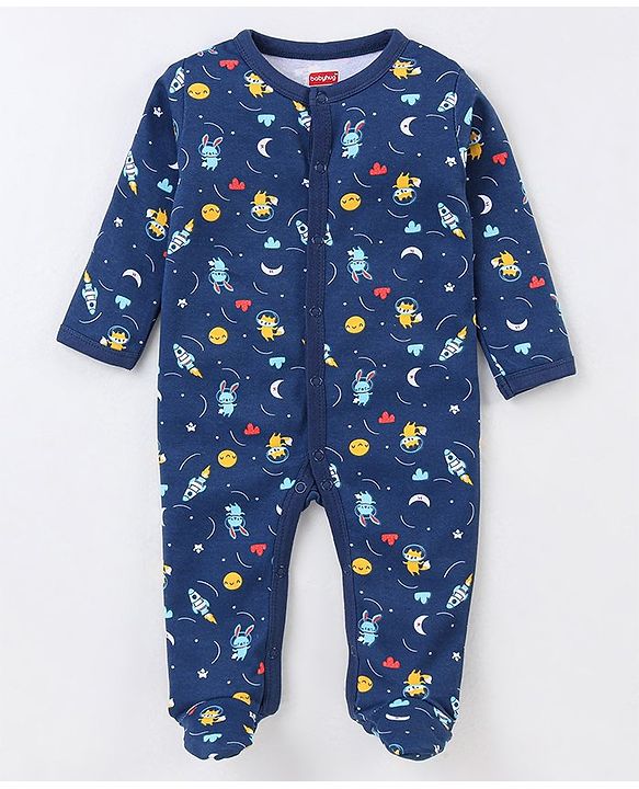 Babyhug Cotton Full Sleeves Sleep Suit Space Print- Blue