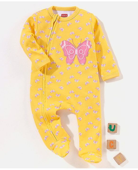 Babyhug Cotton Knit Full Sleeves Footed Sleepsuit Butterfly Print - Yellow