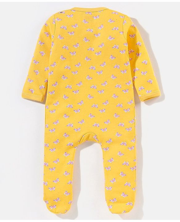 Babyhug Cotton Knit Full Sleeves Footed Sleepsuit Butterfly Print - Yellow