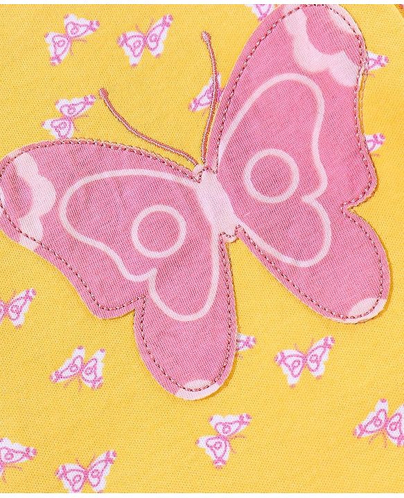 Babyhug Cotton Knit Full Sleeves Footed Sleepsuit Butterfly Print - Yellow