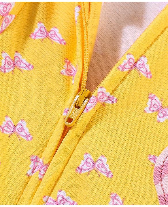Babyhug Cotton Knit Full Sleeves Footed Sleepsuit Butterfly Print - Yellow
