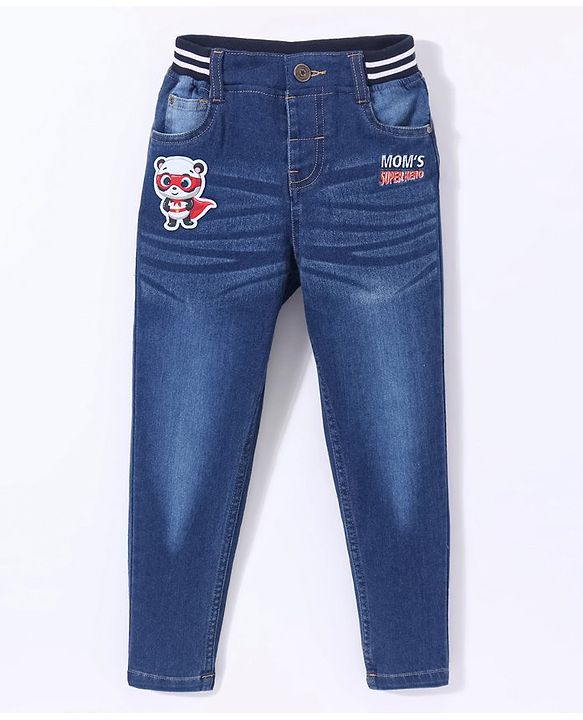 Babyhug Denim Full Length Stretchable Washed Jeans With Panda Patch- Blue