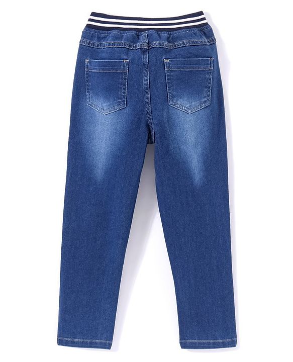 Babyhug Denim Full Length Stretchable Washed Jeans With Panda Patch- Blue