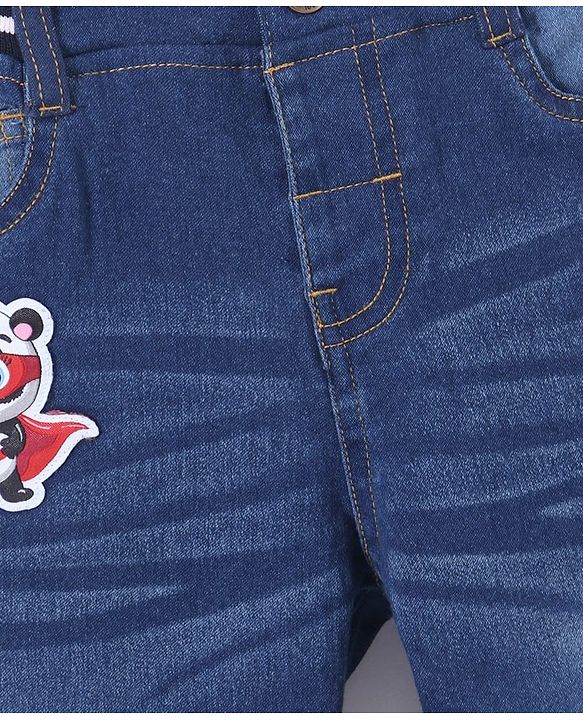 Babyhug Denim Full Length Stretchable Washed Jeans With Panda Patch- Blue