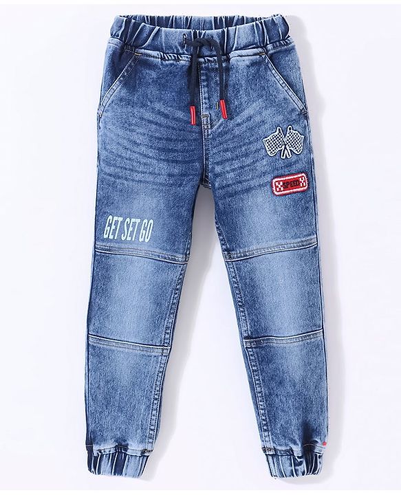Babyhug Washed Denim Full Length Stretchable Jeans With Embroidery- Blue