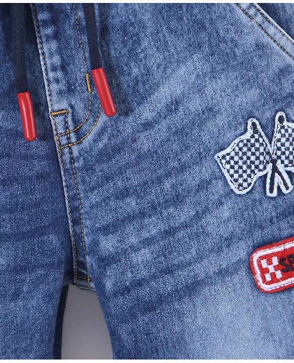 Babyhug Washed Denim Full Length Stretchable Jeans With Embroidery- Blue