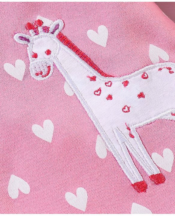 Babyhug Cotton Knit Full Sleeves Footed Sleepsuit Heart Print & Giraffe Applique - Pink