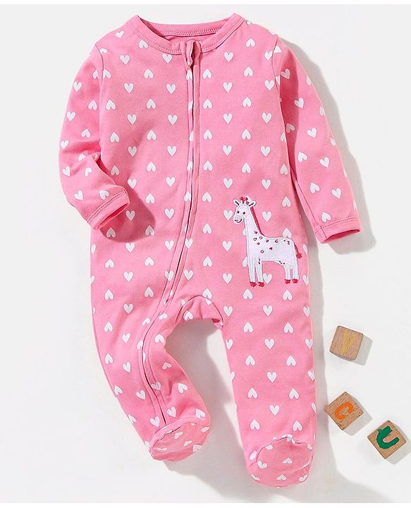 Babyhug Cotton Knit Full Sleeves Footed Sleepsuit Heart Print & Giraffe Applique - Pink